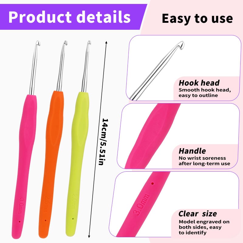 Iuuidu 3PCS Crochet Hooks, Ergonomic Handle Crochet Hooks for Arthritic Hands 3Size, Extra Long Crochet Needles for Beginners, Comfortable Smooth Knitting Needles for Handmade DIY Multicolor - Image 2