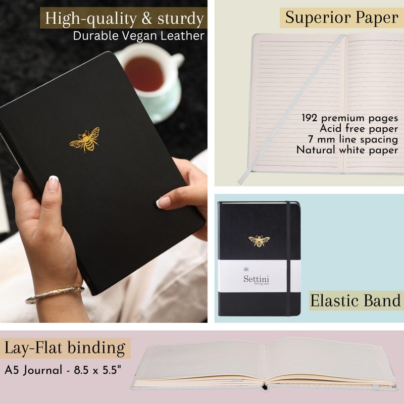 SETTINI Lined Journal - A5 Vegan Leather Notebook, 192 Archival-Quality Pages, QuillEase Bleed-Free Paper, Inner Pocket & Bookmark, Ideal for Journaling - Black Bee - Image 3
