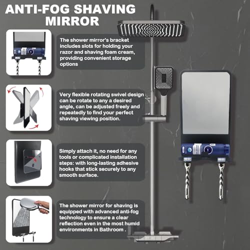 Infitrans Shower Mirror for Shaving Fogless with Multifunctional Storage for Razor and Shaving Foam Canister,Adjustable Angle Mirror (Black) - Image 2