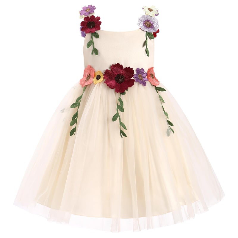 ODASDO Flower Girl Fairy Tulle Dress Kids Floral Embroidery Square Neck Sleeveless A-line Princess Tutu Dresses for Wedding Birthday Party Pageant Evening Formal Easter Champagne 2-3 Years - Image 1