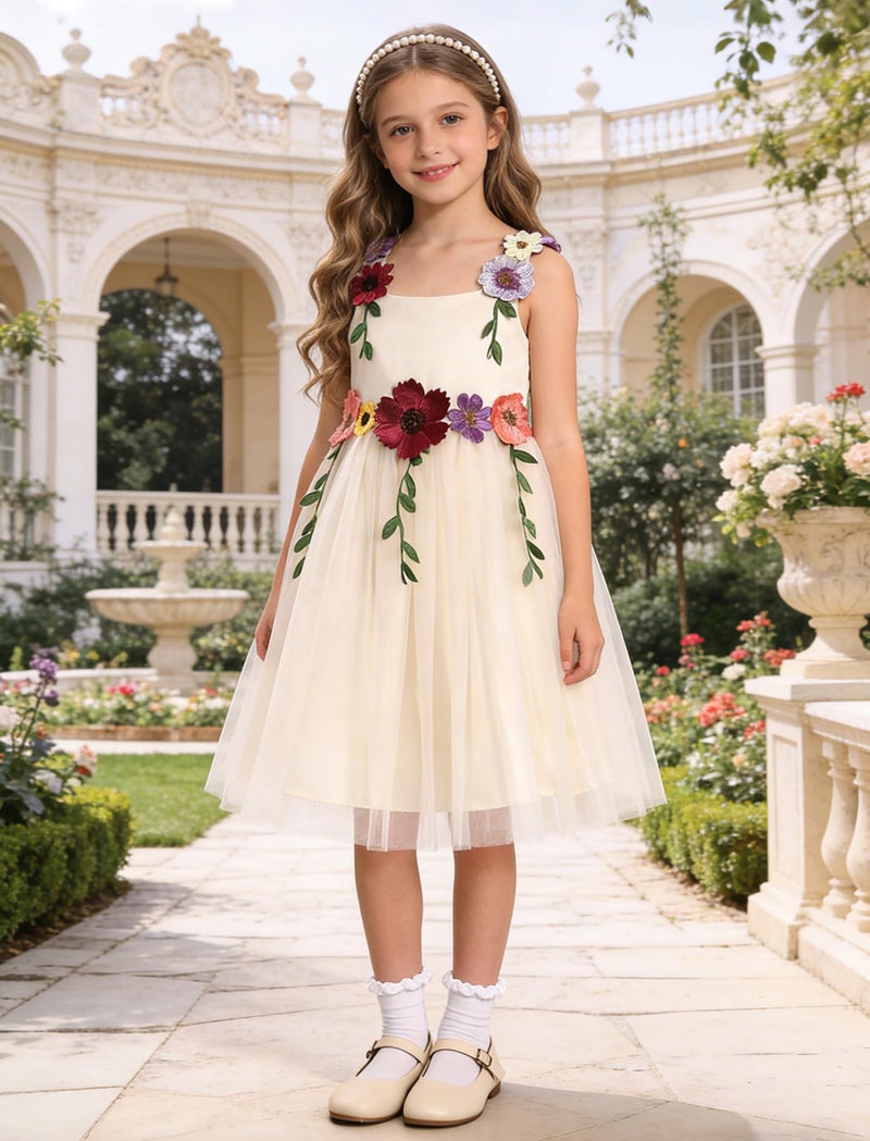 ODASDO Flower Girl Fairy Tulle Dress Kids Floral Embroidery Square Neck Sleeveless A-line Princess Tutu Dresses for Wedding Birthday Party Pageant Evening Formal Easter Champagne 2-3 Years - Image 3