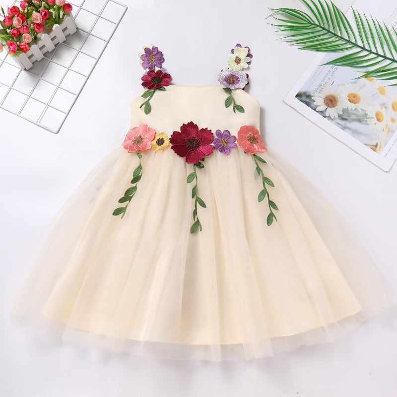 ODASDO Flower Girl Fairy Tulle Dress Kids Floral Embroidery Square Neck Sleeveless A-line Princess Tutu Dresses for Wedding Birthday Party Pageant Evening Formal Easter Champagne 2-3 Years - Image 5