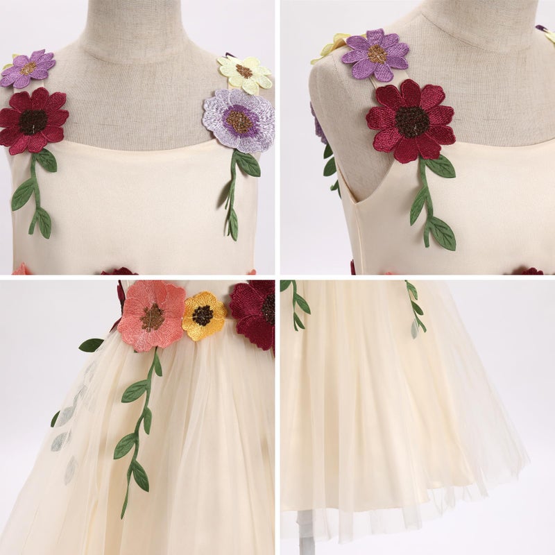ODASDO Flower Girl Fairy Tulle Dress Kids Floral Embroidery Square Neck Sleeveless A-line Princess Tutu Dresses for Wedding Birthday Party Pageant Evening Formal Easter Champagne 2-3 Years - Image 2