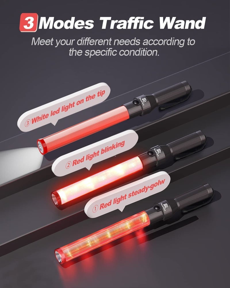 RoadHero 4 Pack Traffic Wand, 16 Inch Led Traffic Control Baton, Night Safety Light Wands with 3 Flashing Modes, Air Marshaling Signal Wand Plus White LED on Tip for Airport, Parking, Car Directing - Image 4