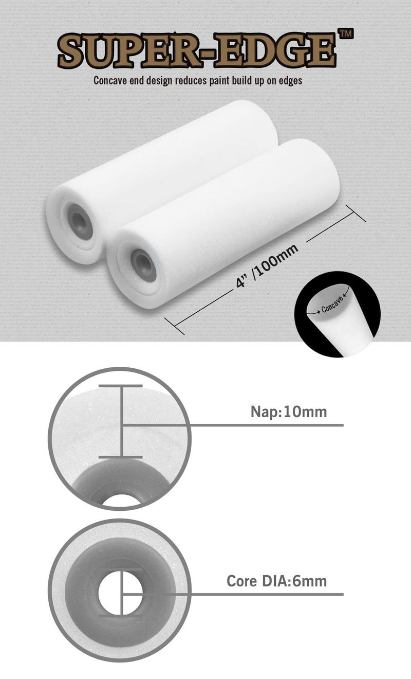 ROLLINGDOG Mini Foam Roller Paint - Paint Roller Covers,Concave Design High Density Foam Roller Refills for Smooth Even Painting(4 Inches,4PC) - Image 2