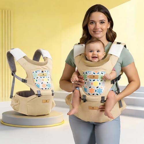 StarAndDaisy 4-in-1 Baby Carrier for 0 to 3 Year Baby/Kangaroo Bag with Comfortable Soft Hip Seat/Baby Carrier - 4 Carrying Positions, 2 Storage Pockets (Beige) - Image 1