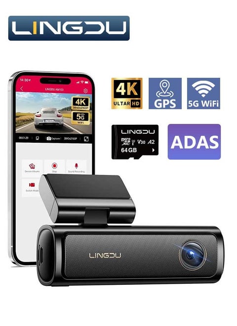 AM100 5G WiFi Dash Cam Front, 4K Dash Cam for Cars with ADAS, Free 64GB SD Card Voice Control, G-Sensor Built-in GPS, WDR 24H Parking Mode, Night Vision Loop Recording, Easy to Install