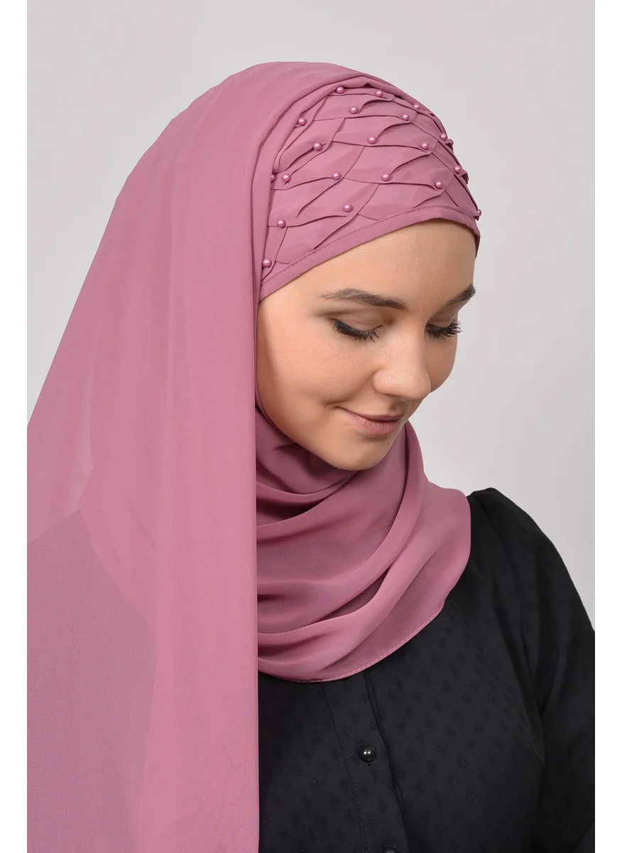 التوبة Ribbed Beaded Pleated Practical Chiffon Hijab Shawl - Dusty Rose