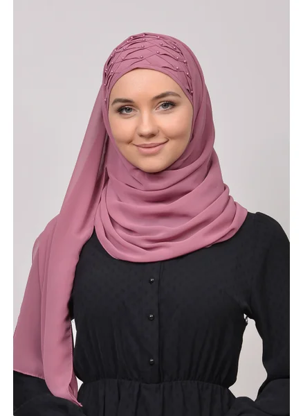 التوبة Ribbed Beaded Pleated Practical Chiffon Hijab Shawl - Dusty Rose
