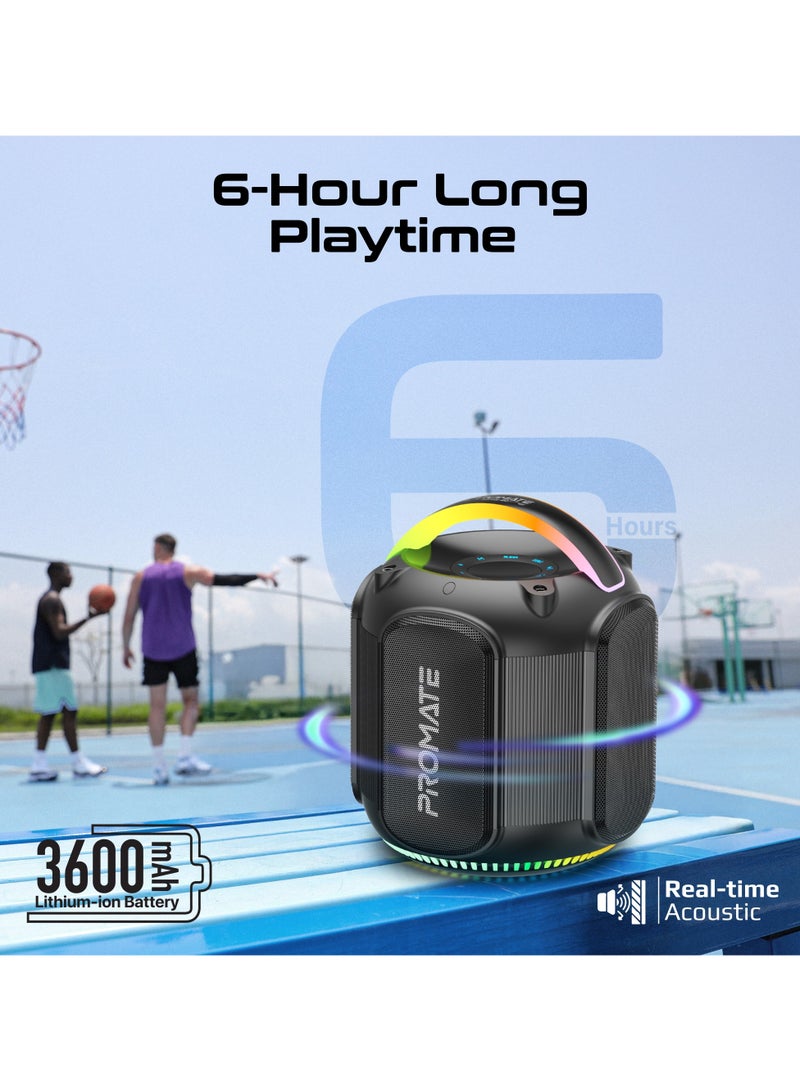 PROMATE Powerful 80W Outdoor Speaker with TWS Connectivity, RGB Lighting Effects, IPX5 Water Resistance, 3600mAh Battery, 6-Hour Playtime, TF Card & USB Support, AUX Compatibility, and Built-In Top Handle - Strike-80 - Black - Image 4