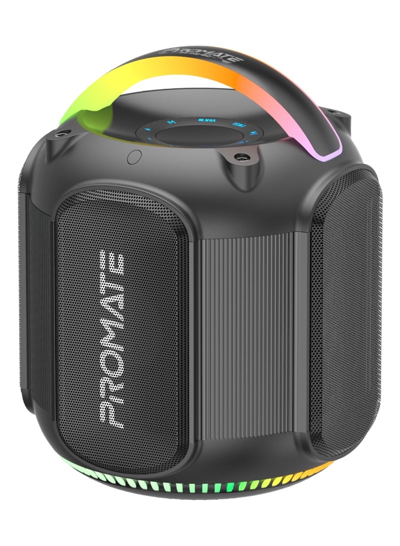 PROMATE Powerful 80W Outdoor Speaker with TWS Connectivity, RGB Lighting Effects, IPX5 Water Resistance, 3600mAh Battery, 6-Hour Playtime, TF Card & USB Support, AUX Compatibility, and Built-In Top Handle - Strike-80 - Black - Image 1