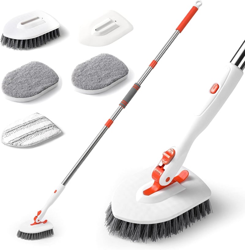 Hushnow 54Inch Adjustable Tub and Tile Shower Scrubber,Cleaning Brush with Long Handle, with 1 Stiff Bristles,1microfiber pad and 2 Sponge Brush, for Cleaning Bathroom Shower Bathtub Glass Tile Floor - Image 1
