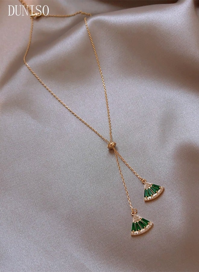 DUNISO Fanshaped Necklace Gold and Green Choker Necklace Crystal Star Drop Choker Chain Pendant Necklace Simple Necklace Chain Jewelry for Women Teen Girls - Image 1