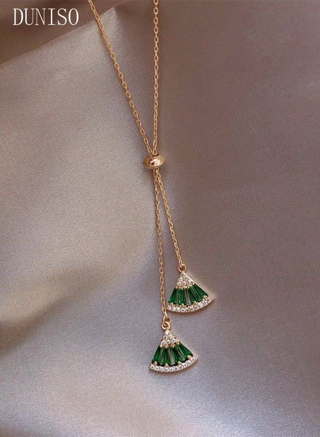 DUNISO Fanshaped Necklace Gold and Green Choker Necklace Crystal Star Drop Choker Chain Pendant Necklace Simple Necklace Chain Jewelry for Women Teen Girls - Image 2