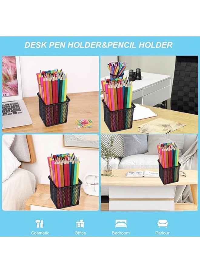 Spaceshoop Square Organizer Pen Makeup Home Pot Mesh Black Cup Stationery Storage Desktop for Container Holder Holders Stand Metal Pencil Desk Workspace (1PC)  - Image 4