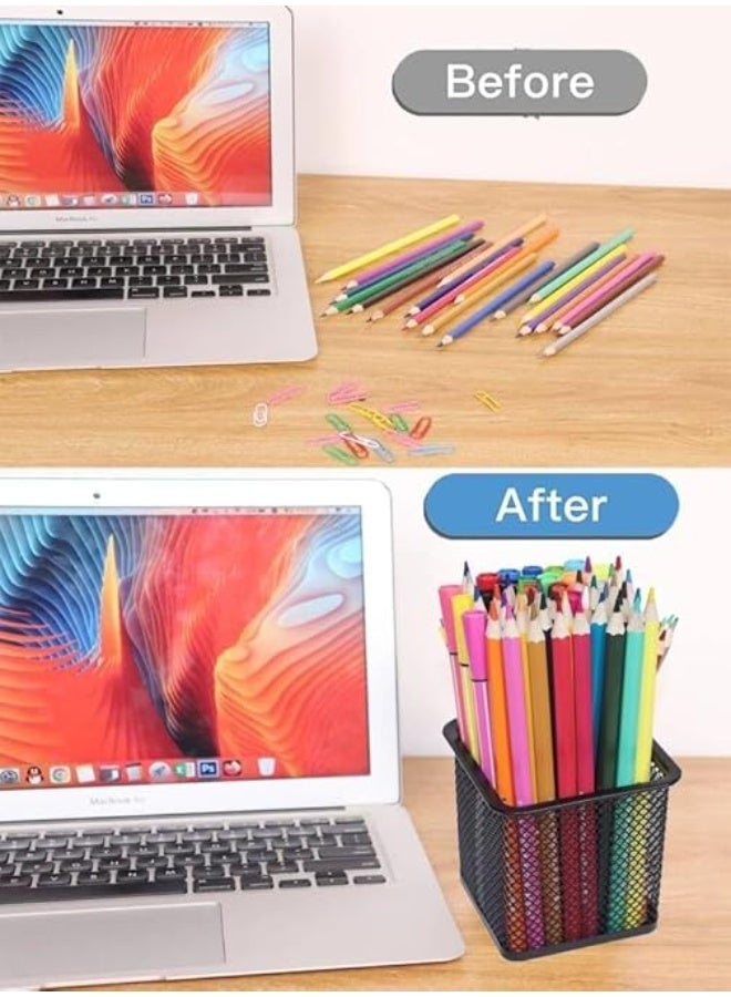 Spaceshoop Square Organizer Pen Makeup Home Pot Mesh Black Cup Stationery Storage Desktop for Container Holder Holders Stand Metal Pencil Desk Workspace (1PC)  - Image 2