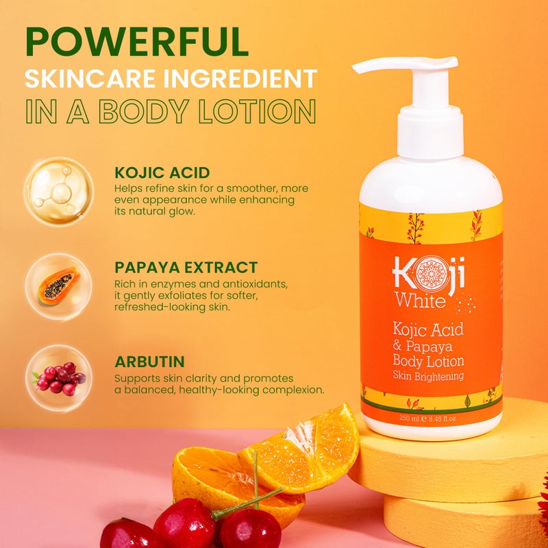 Koji White Kojic Acid & Papaya Body Lotion, Women Gift Sets for Exfoliating, Skin Brightening, Moisturizer, Radiance, Even Tone, Age Spots & Sun Damaged, Vegan, Paraben-Free, 8.45 Fl Oz (2 Bottles) - Image 3
