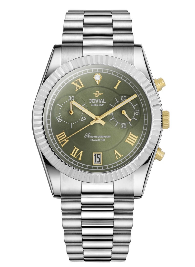 Jovial Men's Fashion metal band watch, 38mm, Green Dial with Diamond  - Image 1