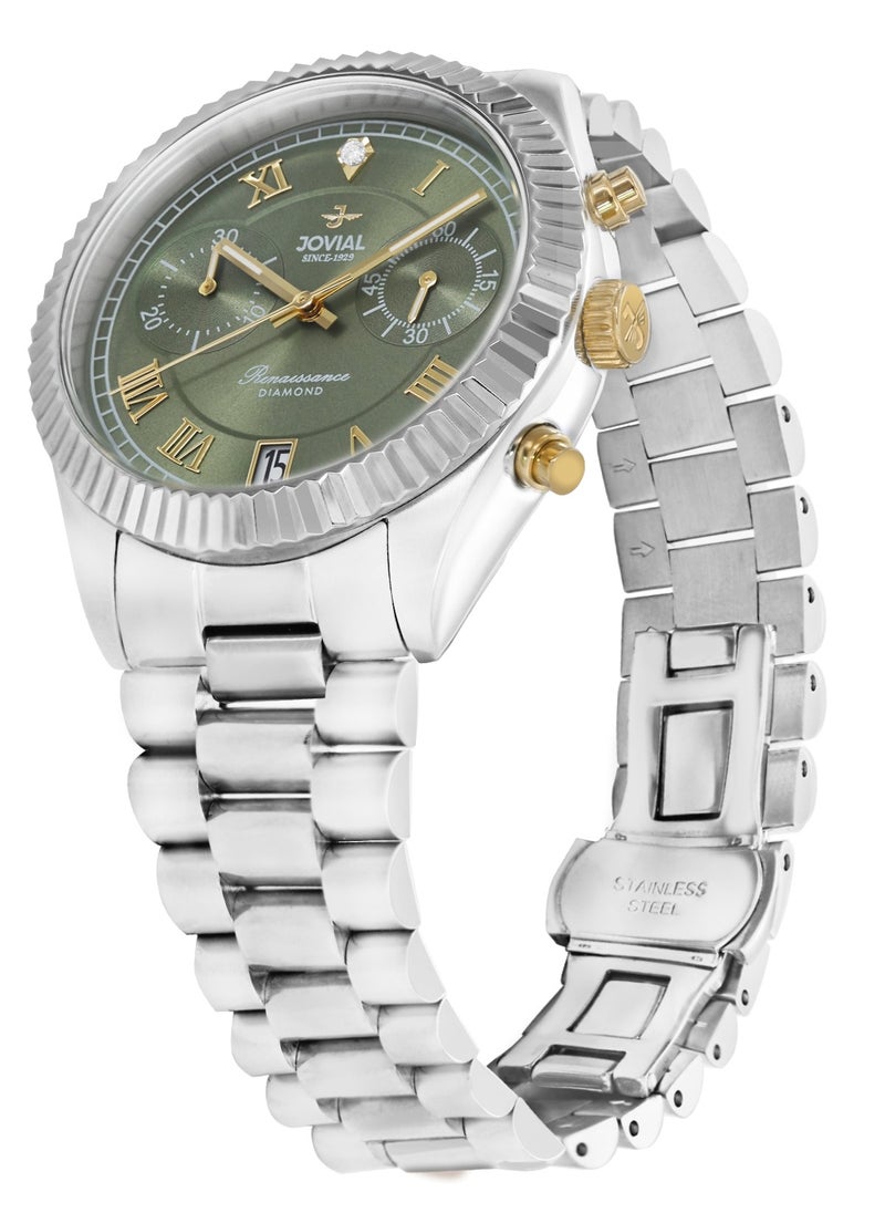 Jovial Men's Fashion metal band watch, 38mm, Green Dial with Diamond  - Image 2
