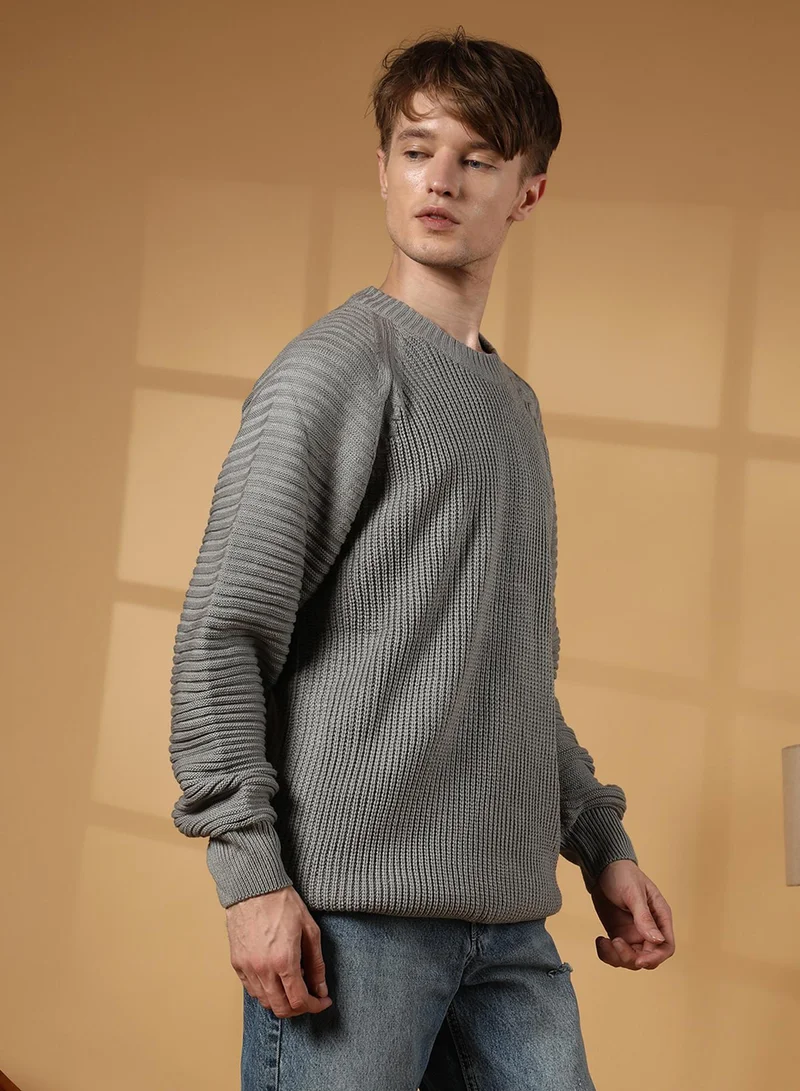 Campus Sutra Men's Sage Green Self-Raglan Knit Pullover Sweater