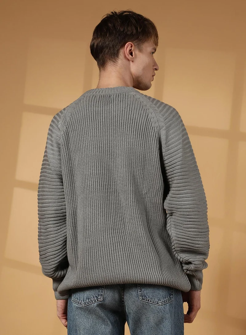 Campus Sutra Men's Sage Green Self-Raglan Knit Pullover Sweater