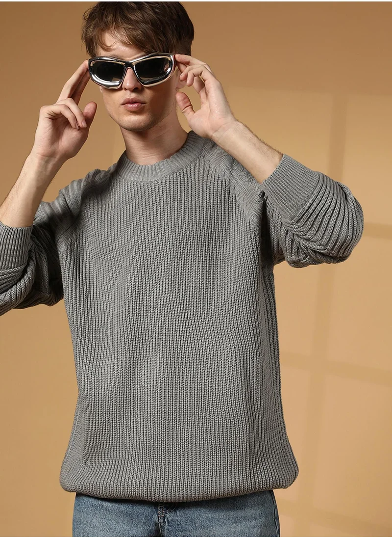 Campus Sutra Men's Sage Green Self-Raglan Knit Pullover Sweater