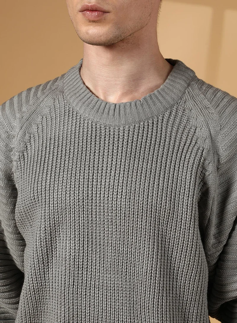 Campus Sutra Men's Sage Green Self-Raglan Knit Pullover Sweater