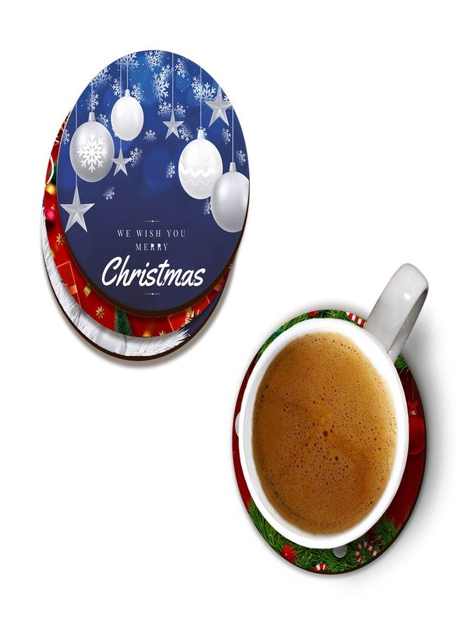 LADECOR Christmas Wooden Tea Coasters for Drinks Christmas Theme Printed MDF Wooden Tea Coaster Set of 6 - Image 1