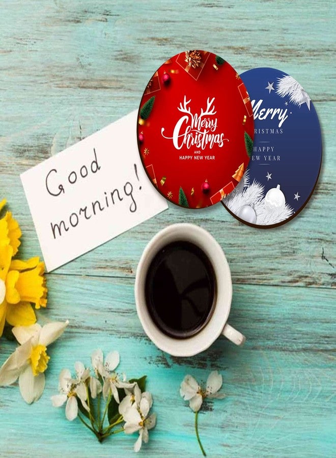 LADECOR Christmas Wooden Tea Coasters for Drinks Christmas Theme Printed MDF Wooden Tea Coaster Set of 6 - Image 2