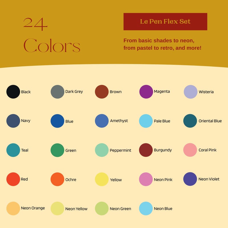 Tribello Marvy Uchida Le Pen Flex - 24 Colors - Colored Calligraphy Pens for Journaling - Quick Drying, Smudge-Proof Brush Markers for Hand Lettering, Drawing, Journals, and Planners - Image 2