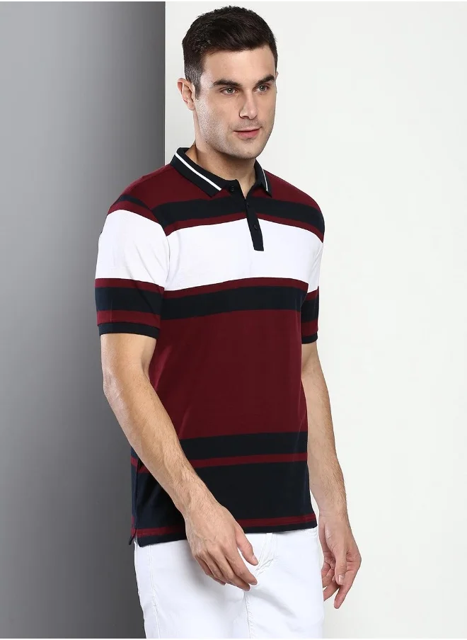 دينيس لينغو Burgundy Regular Fit T-shirt for Men - 100% Cotton, Striped, Polo Collar, Polo Neck, Half Sleeves, Knitted, Casual