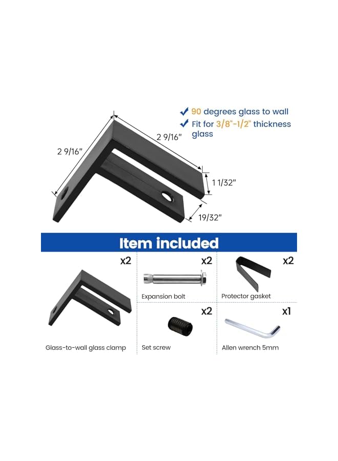 The Bros مشبك حائط إلى زجاج 90 درجة من بروز 2 حزمة، حامل رف زجاجي بدون إطار، مشبك درابزين زجاجي يناسب زجاج بسمك 3/8"-1/2" (10 مم-12 مم)، أسود - Image 3