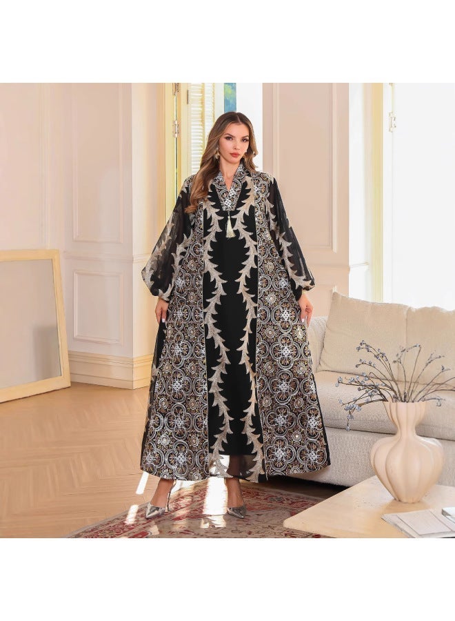 العربية：عباية نسائية سعودية فاخرة بتطريز ذهبي ثوب طويل مسلمي واسع بأكمام منتفخة قفطان محتشم ملابس رمضان عيد مناسبات يومية وحفلات - Image 1