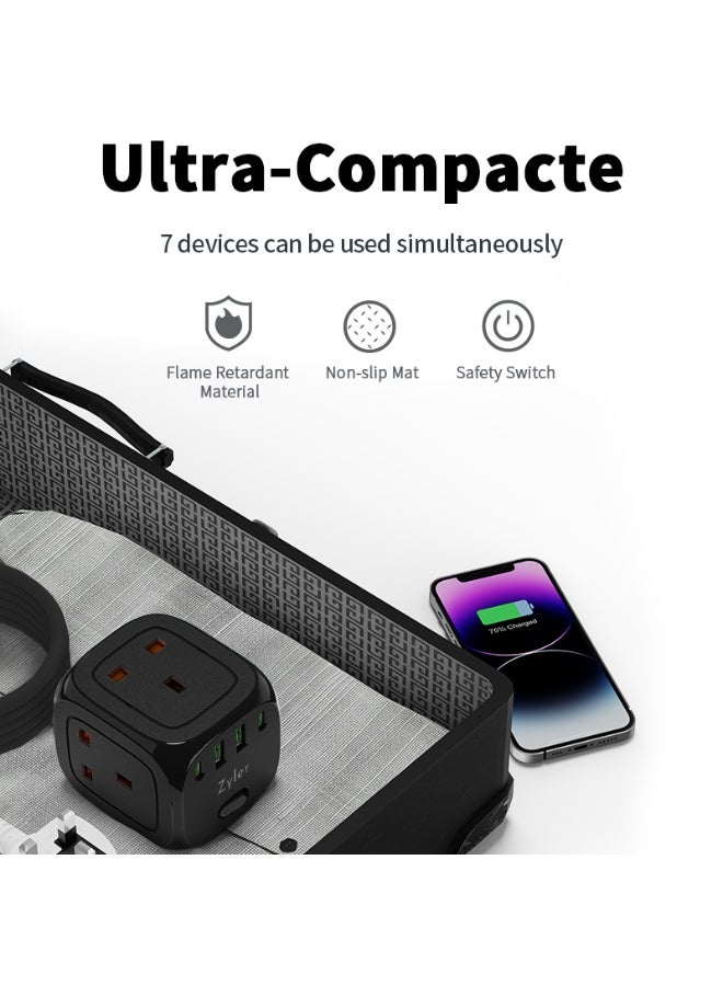 زيلر محطة شحن 7 في 1: شريط طاقة متعدد مع 3 منافذ تيار متردد وشاحن سريع بأربعة منافذ USB (2 USB-C)، سلك بطول 2 متر، واقي من زيادة التيار للمكتب والسفر والمنزل - Image 3
