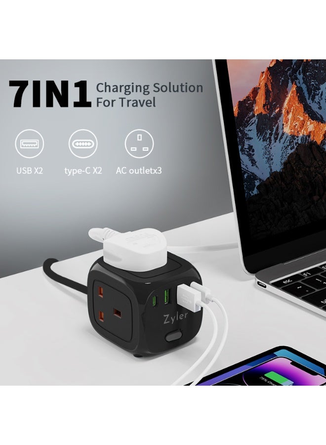 زيلر محطة شحن 7 في 1: شريط طاقة متعدد مع 3 منافذ تيار متردد وشاحن سريع بأربعة منافذ USB (2 USB-C)، سلك بطول 2 متر، واقي من زيادة التيار للمكتب والسفر والمنزل - Image 4