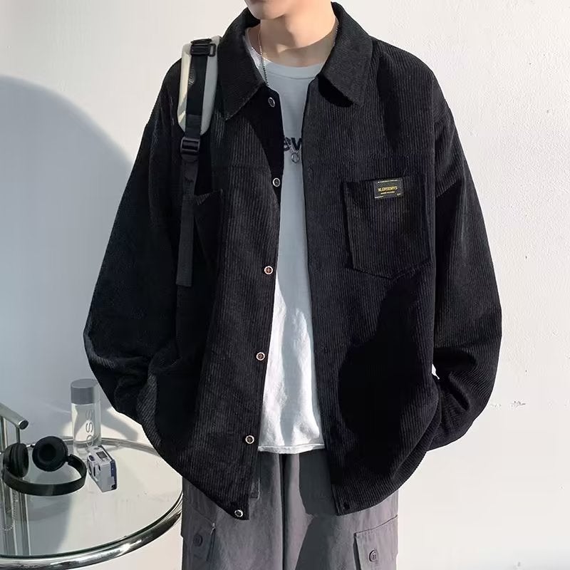Hong Kong wind corduroy long sleeve shirt mens spring and autumn 24 new shirt coat tide brand casual coat a generation of hair Black (yellow label)