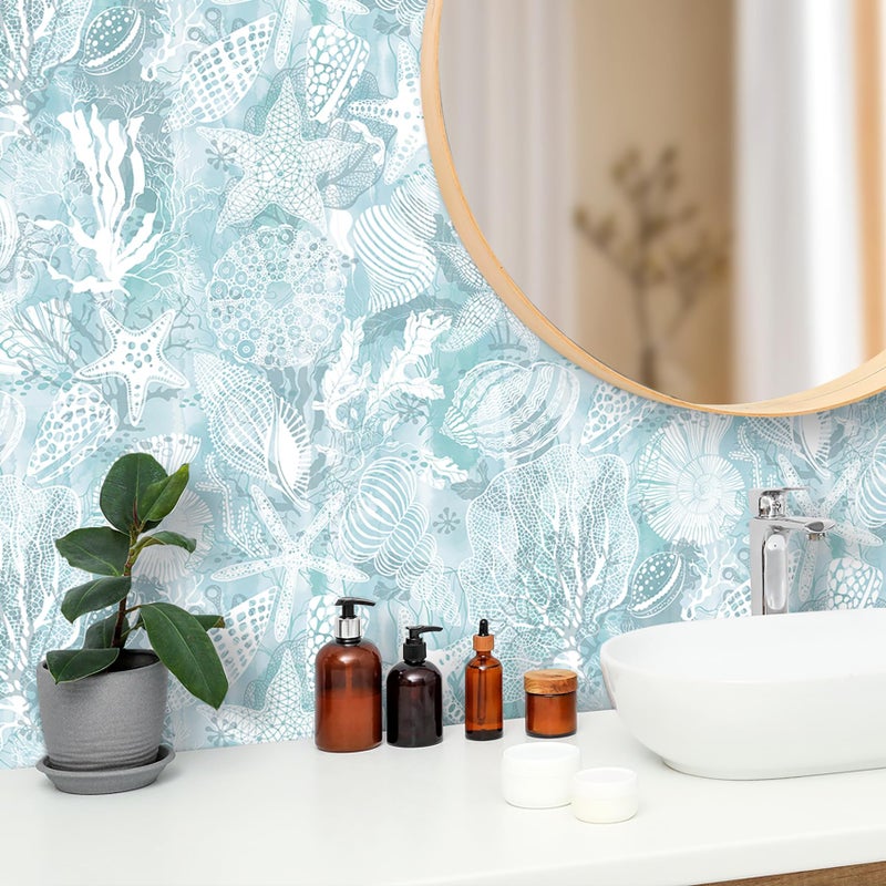 Livelynine Ocean Blue Wallpaper Peel and Stick Prepasted Aqua Coastal Wall Paper Light Blue Seagrass Coral Reef Aesthetic Beach Coastal Contact Paper for Kitchen Cabinets Adhesive Vinyl 17.5x78.8 - Image 3