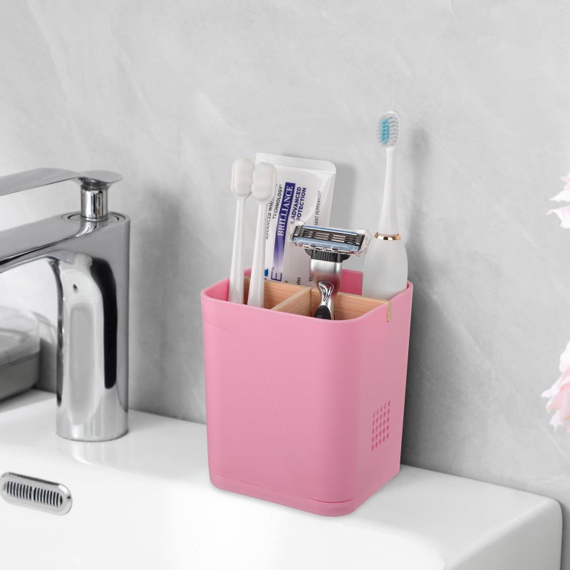 Heagoale Electric Toothbrush Holder 3 Slots Tooth Brushing Holder with Bamboo Dividers for Bathrooms, Plastic Toothbrush and Toothpaste Organizer for Shower, Countertop, Vanity, Pink - Image 2