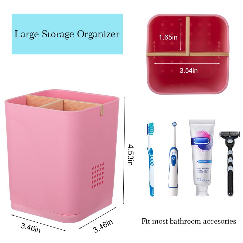 Heagoale Electric Toothbrush Holder 3 Slots Tooth Brushing Holder with Bamboo Dividers for Bathrooms, Plastic Toothbrush and Toothpaste Organizer for Shower, Countertop, Vanity, Pink - Image 3