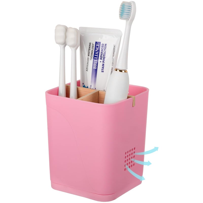 Heagoale Electric Toothbrush Holder 3 Slots Tooth Brushing Holder with Bamboo Dividers for Bathrooms, Plastic Toothbrush and Toothpaste Organizer for Shower, Countertop, Vanity, Pink - Image 1