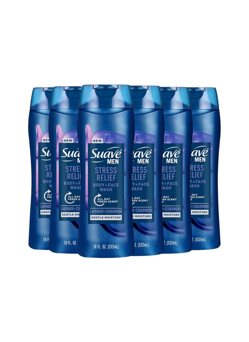 Suave Suave Mens Stress Relief Body  Face Wash Gentle Moisture with Lavender  Cedarwood All Day Fresh Scent 18 oz 6 Pack 