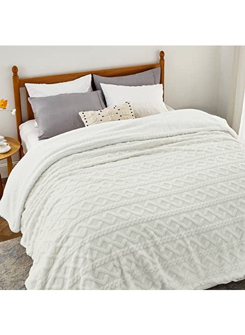 Bedsure Bedsure Sherpa Queen Size Blanket for Bed  Fleece Soft Cozy Fuzzy Cable Blankets for Women Thick Warm for Winter and All Seasons Cream 90x90 Inches 
