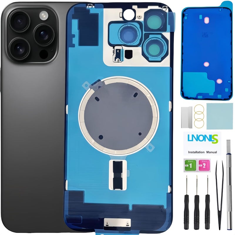 LNONLS Store استبدال زجاج خلفي لجهاز iPhone 16 Pro Max مع عدسة كاميرا + مجموعة أدوات إصلاح احترافية (تيتانيوم أسود) - Image 1