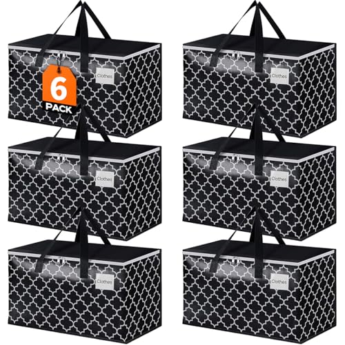 HomeHacks Heavy Duty Moving Bags with Tag Pockets, Collapsible Storage Totes for Moving, Camping & Travel -Foldable Packing Boxes, Zipper Handles, Black（6 Packs, 88L） - Image 1