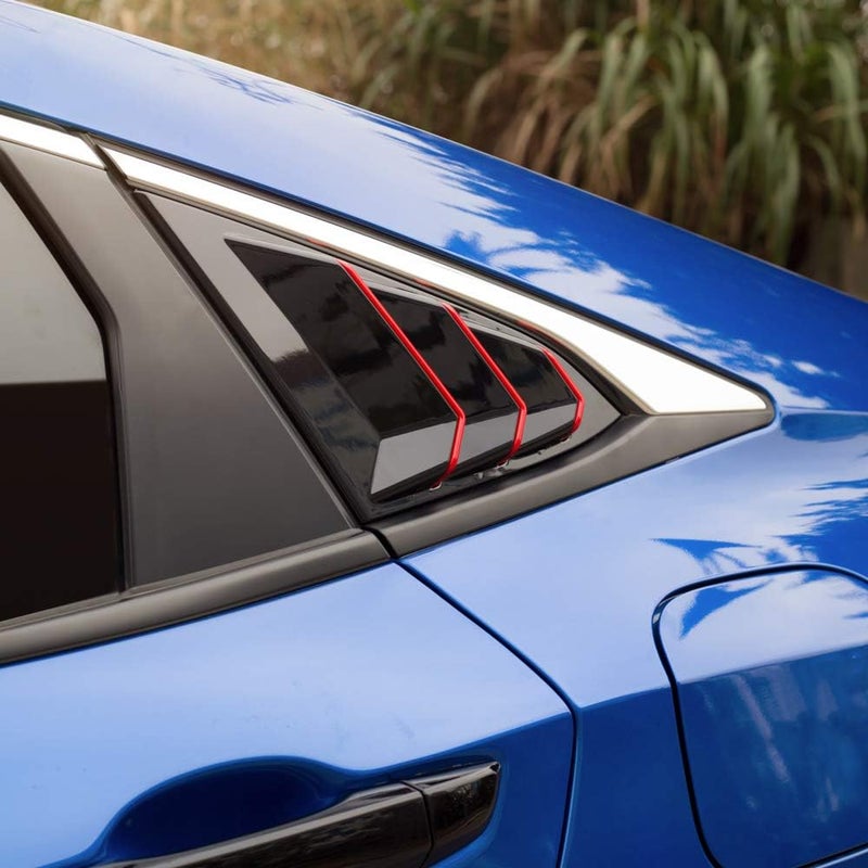 Thenice for 10th Gen Civic Rear Side Window Louvers Racing Style Triangular Window Glass Blinds Compatible with Honda Civic Sedan 2021 2020 2019 2018 2017 2016 -Piano Black with Red Trim - Image 4
