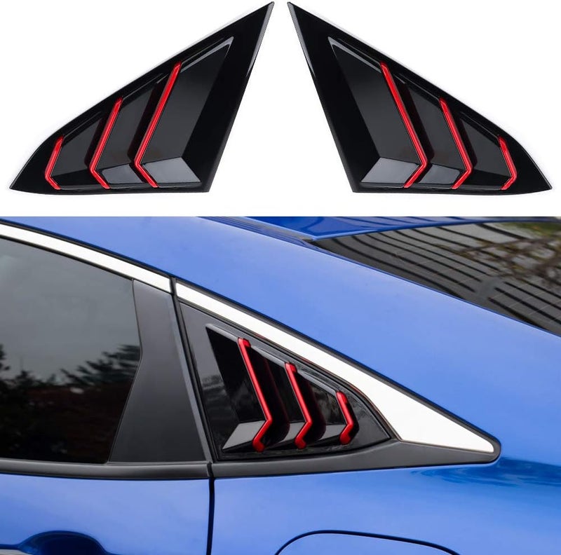 Thenice for 10th Gen Civic Rear Side Window Louvers Racing Style Triangular Window Glass Blinds Compatible with Honda Civic Sedan 2021 2020 2019 2018 2017 2016 -Piano Black with Red Trim - Image 1