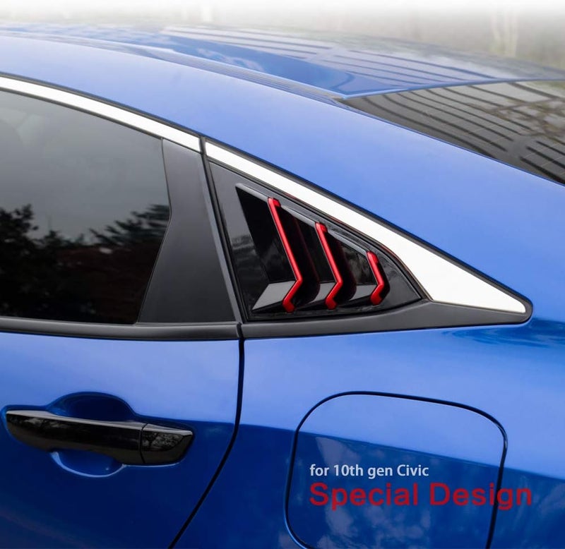 Thenice for 10th Gen Civic Rear Side Window Louvers Racing Style Triangular Window Glass Blinds Compatible with Honda Civic Sedan 2021 2020 2019 2018 2017 2016 -Piano Black with Red Trim - Image 3