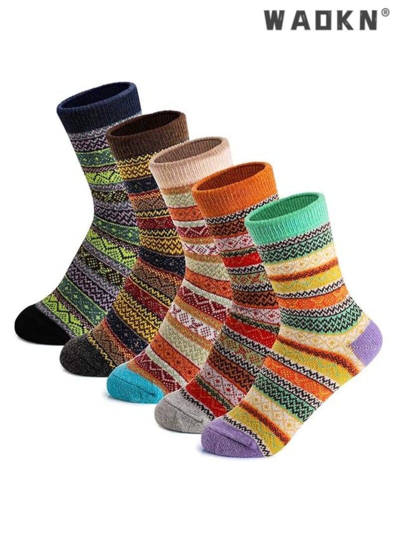 WAOKN Wool Socks for Women, Soft Warm Comfort Casual Crew Winter Socks, Thick Warm Winter Vintage Knit Thermal Socks for Women(5 Pairs) - Multicolor A - Image 1