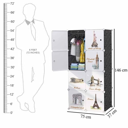 AYSIS Almirah for Clothes,Plastic Collapsible Wardrobe for Clothes for Kids Clothes/Toy/Book, Space-Saving Wardrobe for Clothes Storage in Bedroom Nursery,Cartoon (Black, 8-Shelf-8-Door) - Image 2