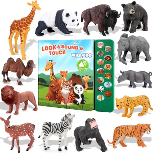 Tudoccy Safari Animals Figures Toys  13 Realistic Wild Plastic Animal Figurines  Kids Sound Book  Educational Learning Toys Gift for 3 Years Old  Up Boys Girls Toddlers - Image 1